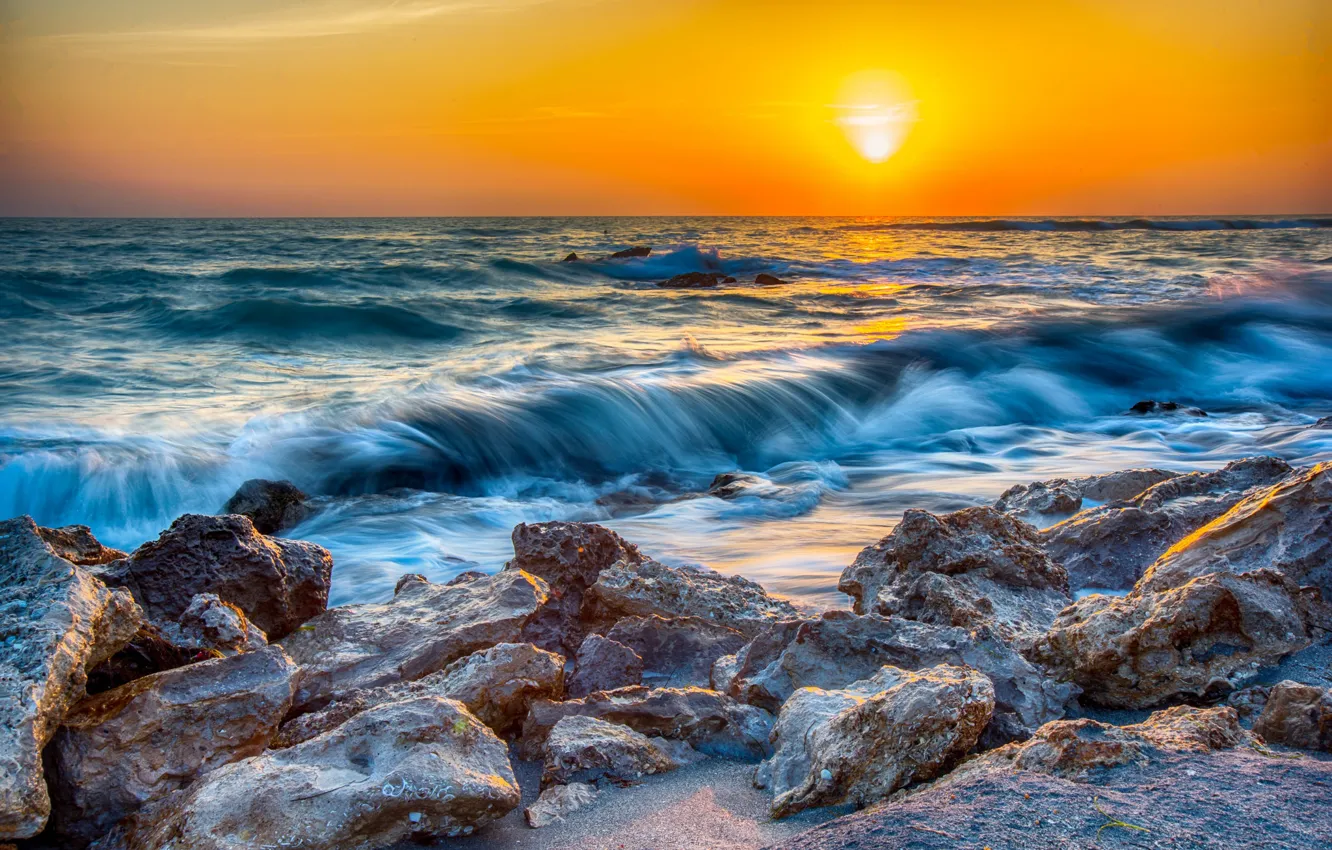 Photo wallpaper sea, sunset, stones, FL, Florida, Gulf of Mexico, Caspersen Beach, Sarasota