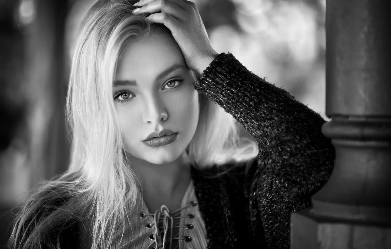 Photo wallpaper girl, photo, makeup, hairstyle, blonde, black and white, beauty, Anna