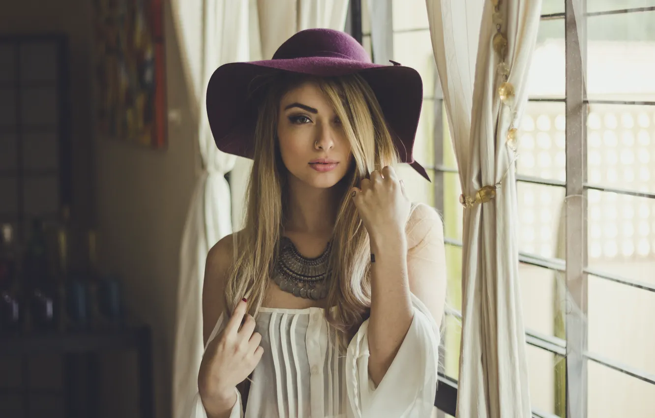 Photo wallpaper girl, room, hat, piercing, window, blonde