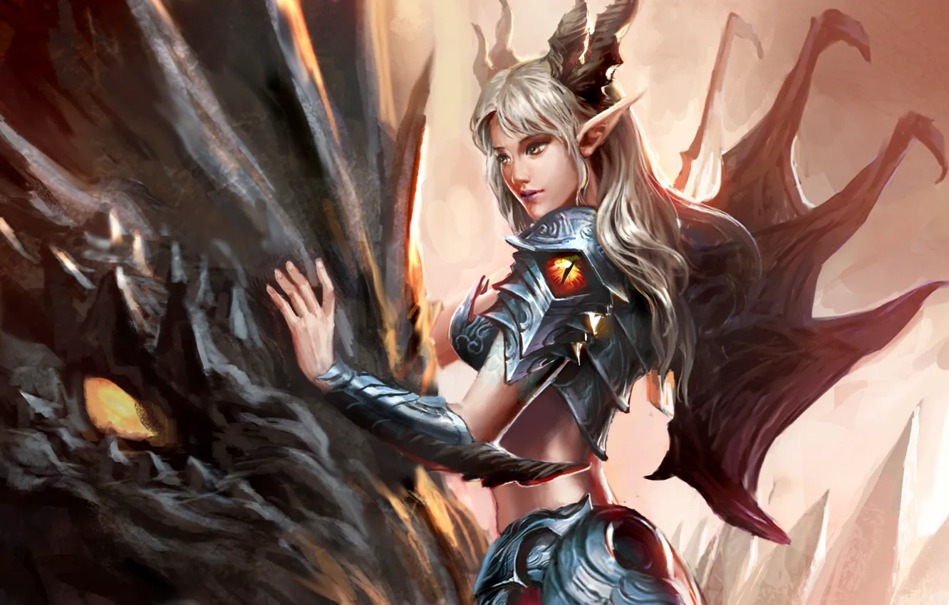 Photo wallpaper dragon, Girl, armor, horns, pointy ears