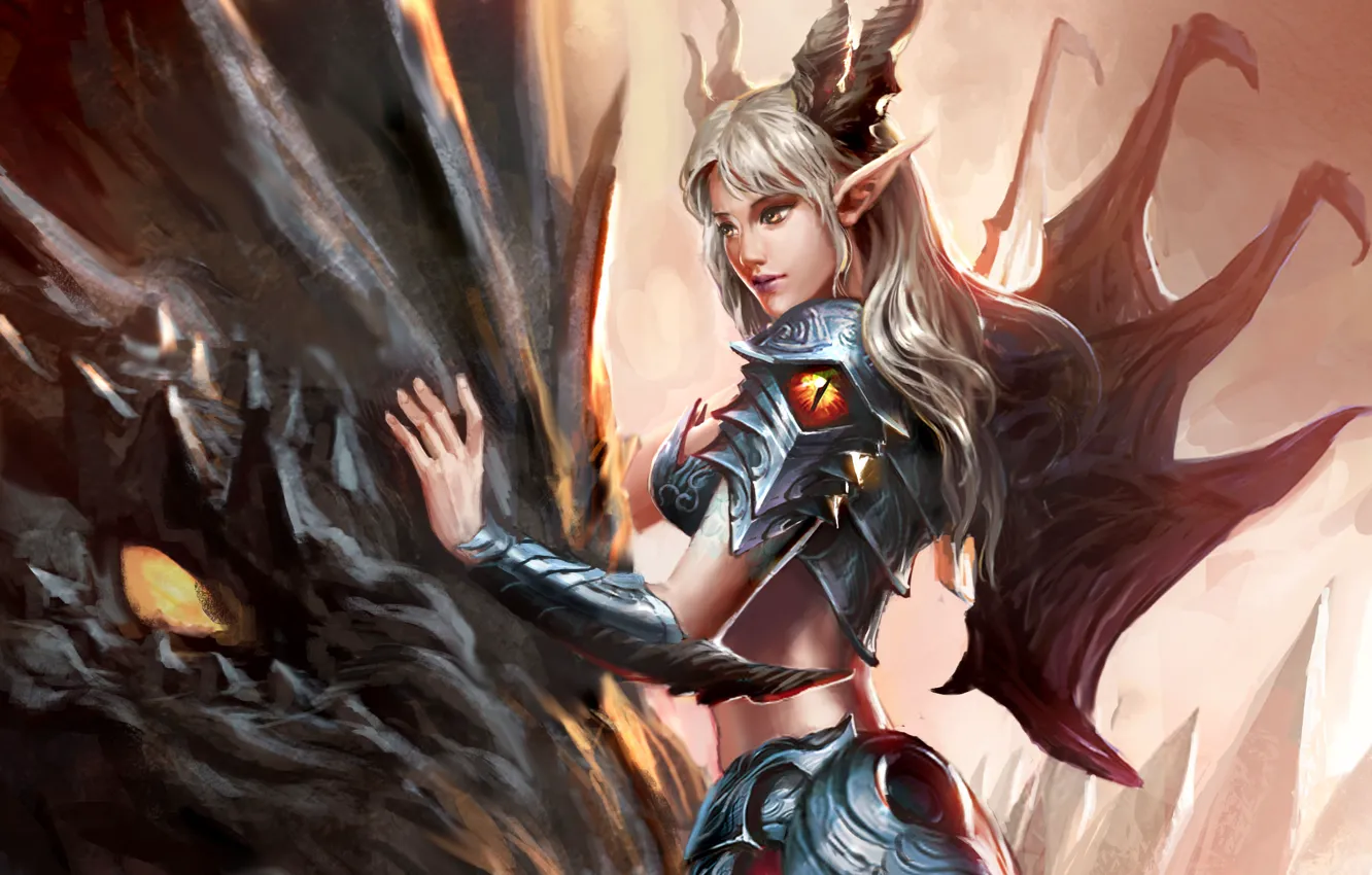 Photo wallpaper girl, dragon, armor, horns, pointy ears