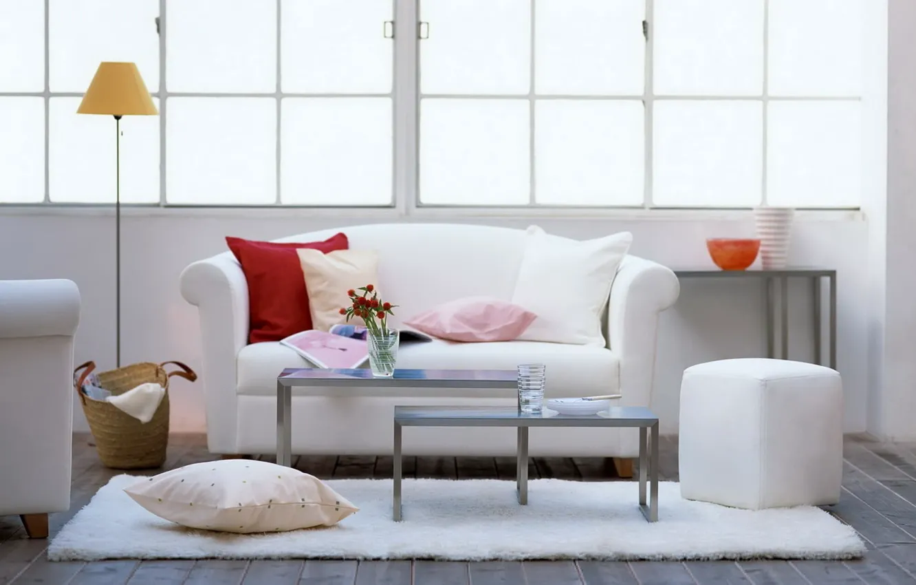 Photo wallpaper comfort, table, sofa, lamp, bouquet, pillow, vase, Ottoman