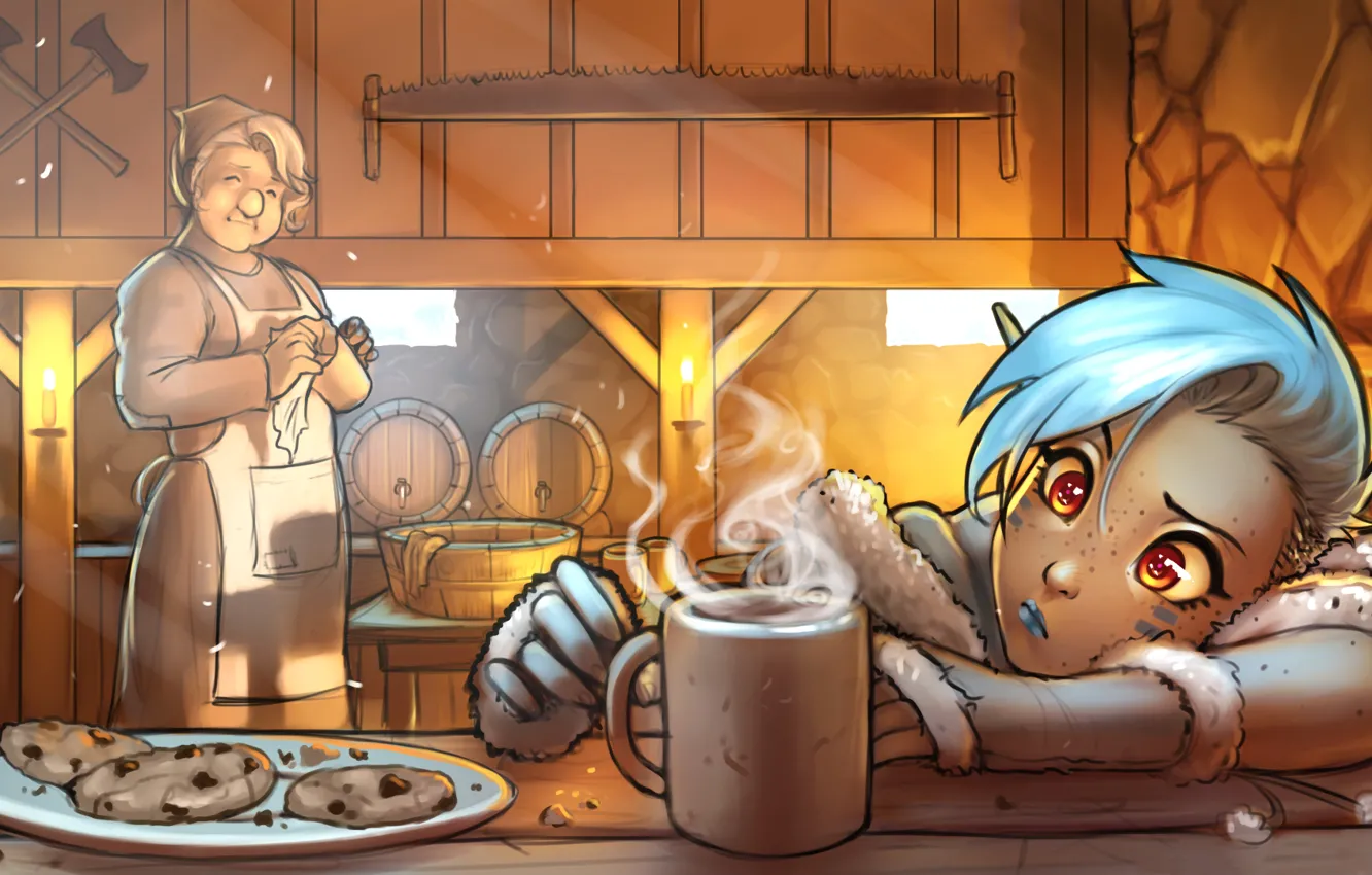 Photo wallpaper eyes, elf, fantasy, art, girl, mug, ears, tavern