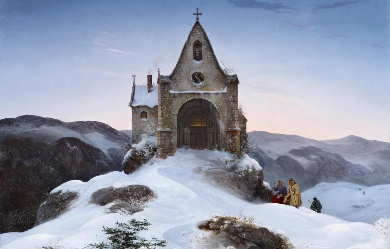 Photo wallpaper landscape, Mountain chapel in Winter, Mountain chapel in winter, Ernst Ferdinand Oehme