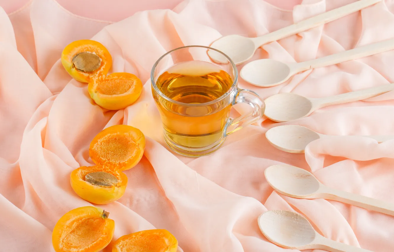 Photo wallpaper glass, tea, bone, fabric, drink, fruit, pink background, halves