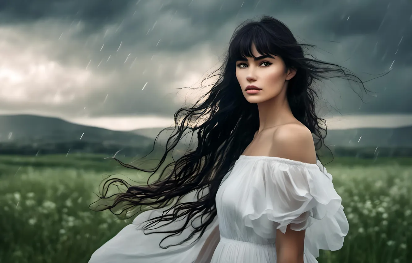 Photo wallpaper field, summer, look, girl, clouds, rain, the wind, hills