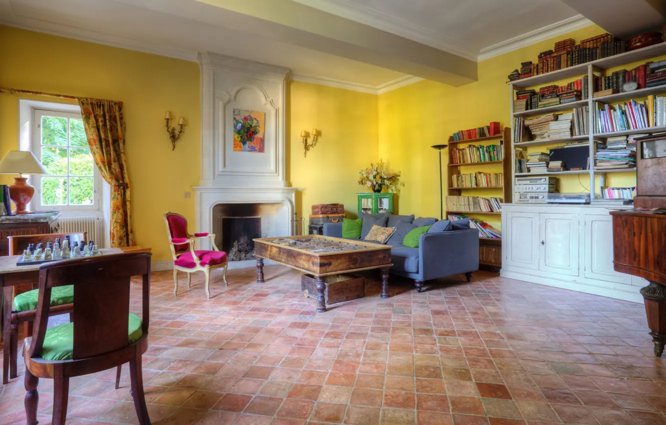 Photo wallpaper design, style, France, interior, fireplace, library, living room, bibliotheque Ch-Hotes