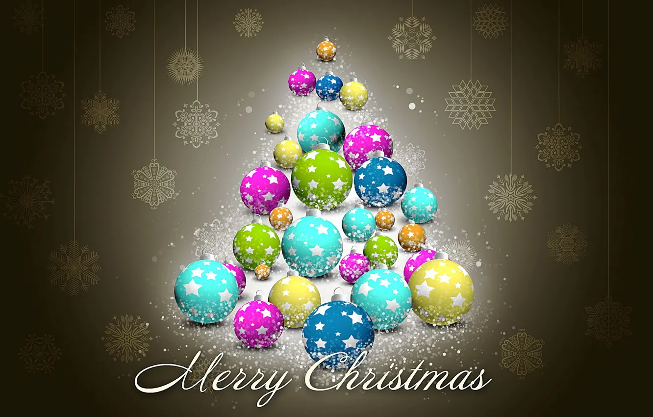 Photo wallpaper decoration, snowflakes, holiday, balls, tree, new year, merry christmas