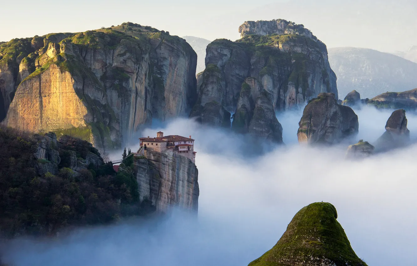 Photo wallpaper landscape, nature, mountains, clouds, rocks, architecture, building, Greece