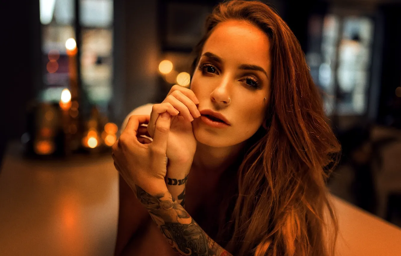 Photo wallpaper look, girl, glare, lights, hands, makeup, tattoo, hairstyle