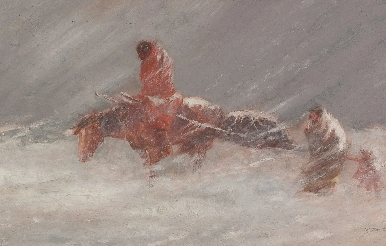 Photo wallpaper water, horse, wagon, Oscar Edmund Berninghaus, Snow Storm