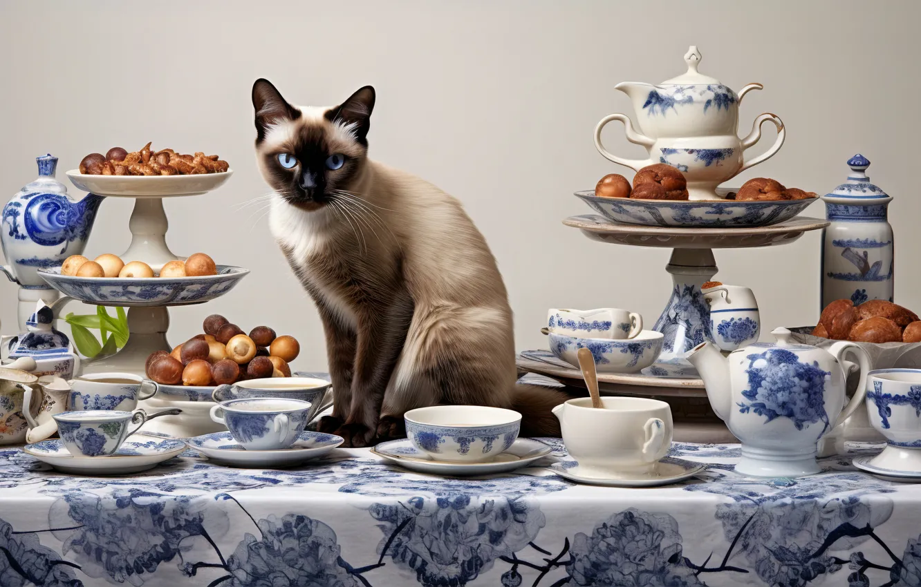 Photo wallpaper cat, cat, look, pose, table, tea, kettle, cookies
