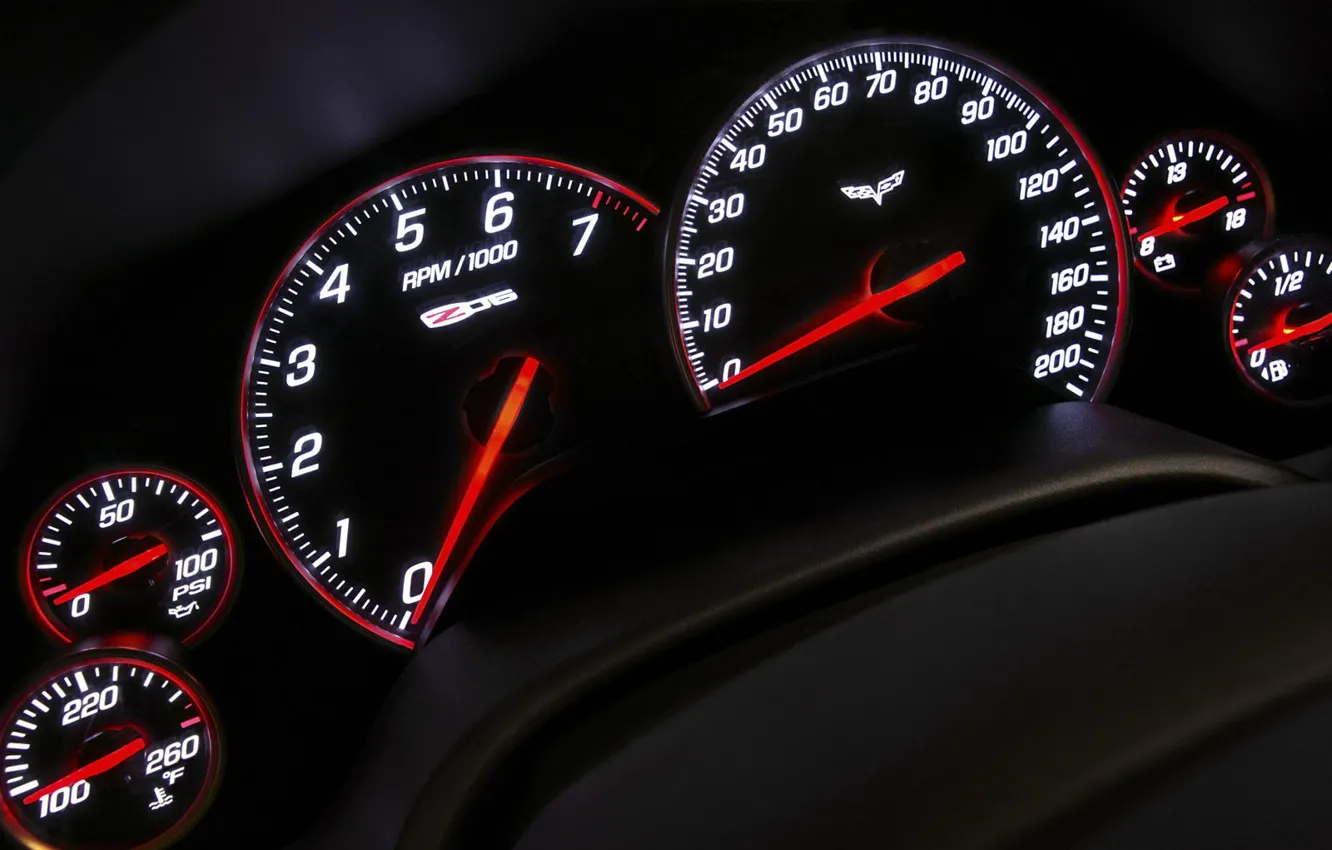 Photo wallpaper arrows, panel, speedometer, devices, Z06, Corvette, Chevrolet, tachometer