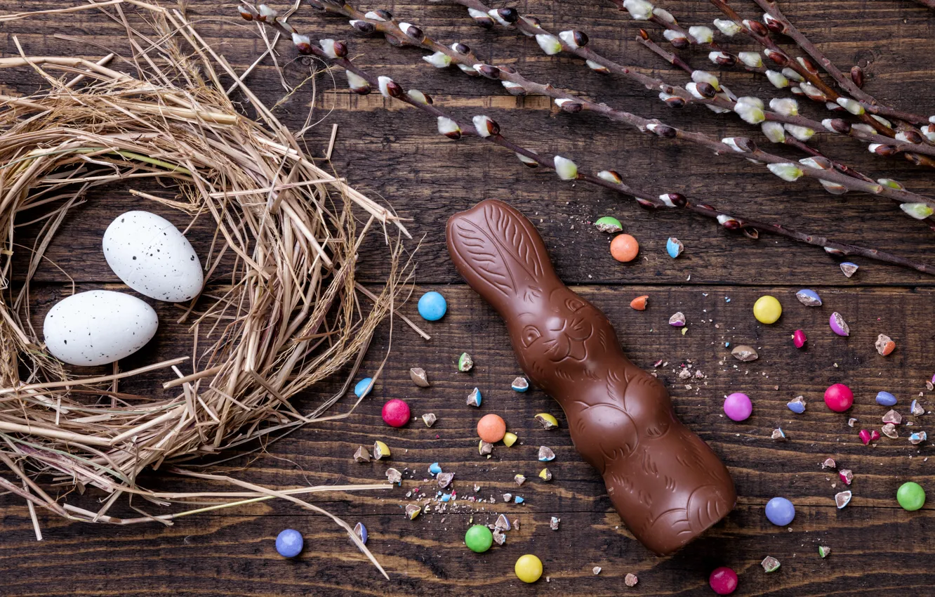 Photo wallpaper chocolate, eggs, colorful, rabbit, candy, Easter, wood, Verba