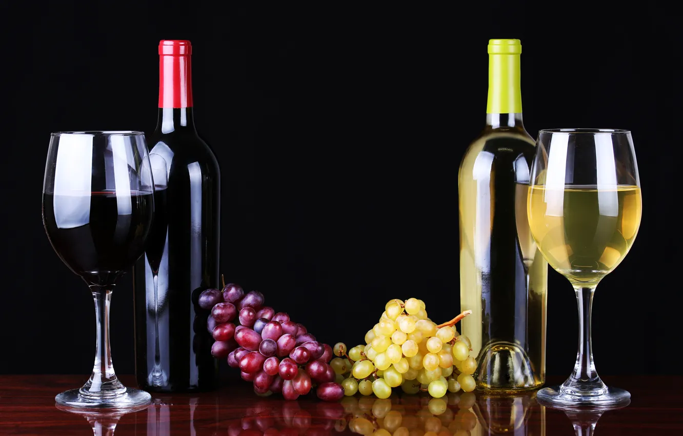 Photo wallpaper wine, red, white, glasses, grapes, bottle, wine, grapes