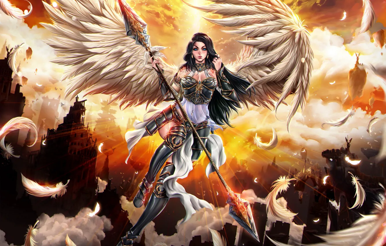 Photo wallpaper girl, angel, feathers, warrior