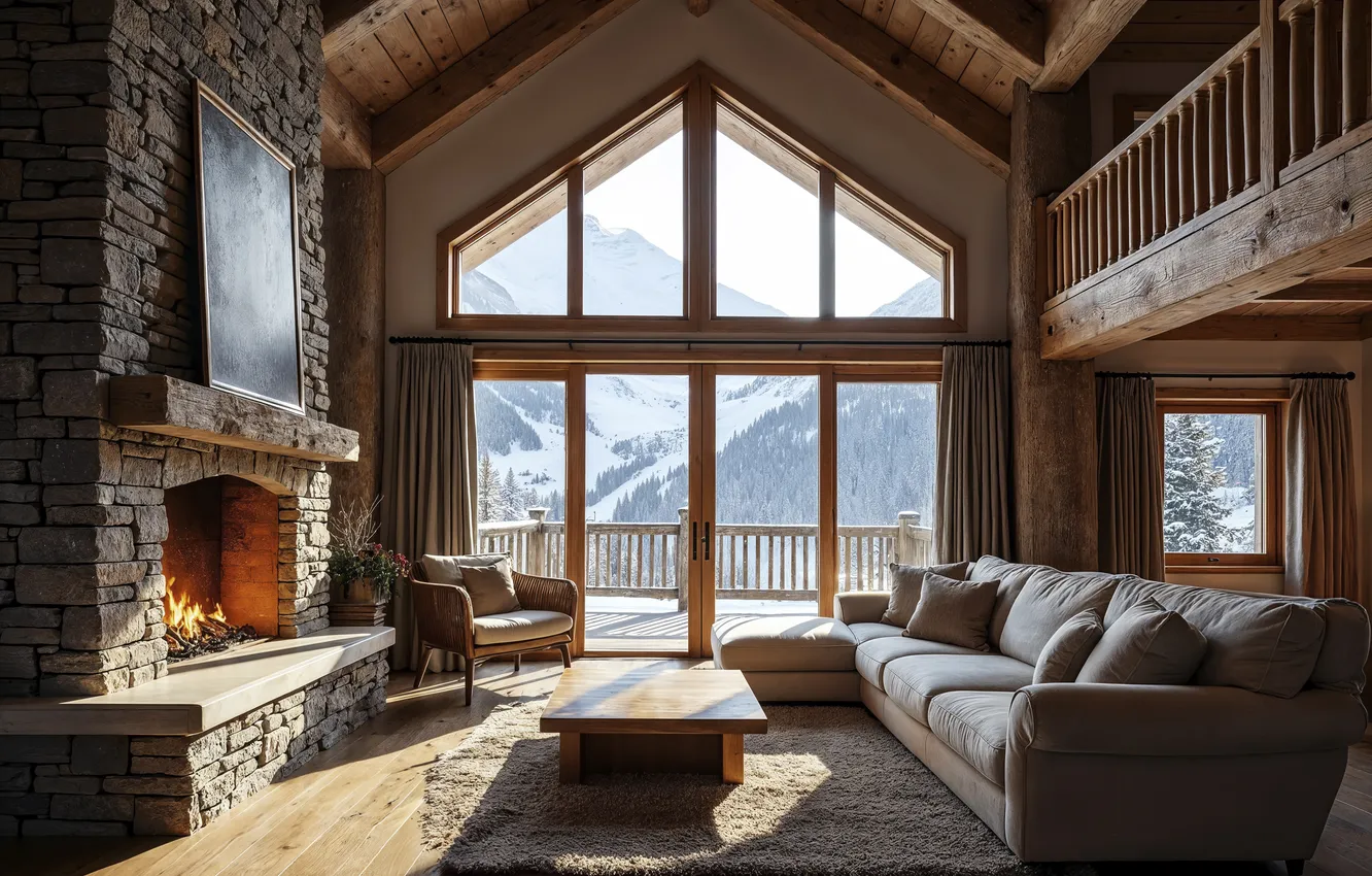 Photo wallpaper winter, snow, mountains, room, interior, window, fireplace, cottage