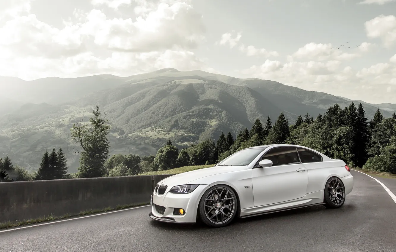 Photo wallpaper Road, Mountains, BMW, Tuning, White, BMW, Drives, Coupe