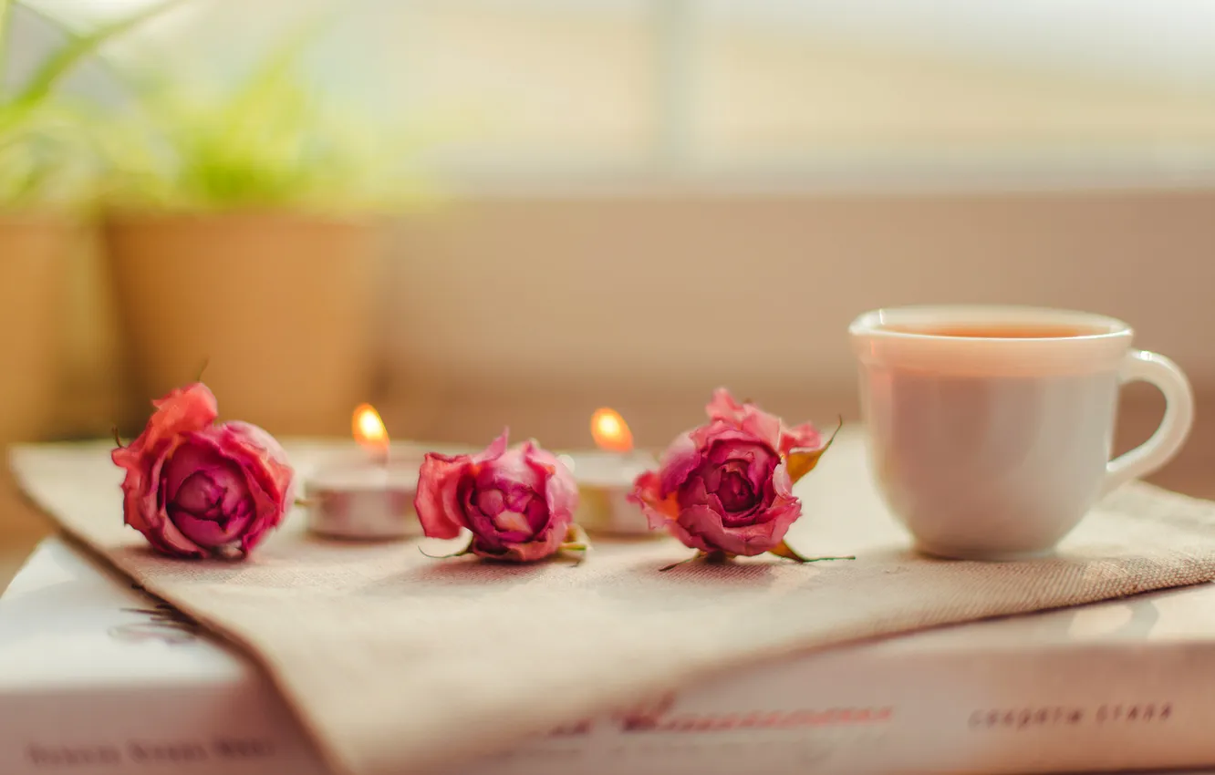 Photo wallpaper flowers, roses, candles, Cup, book, pink