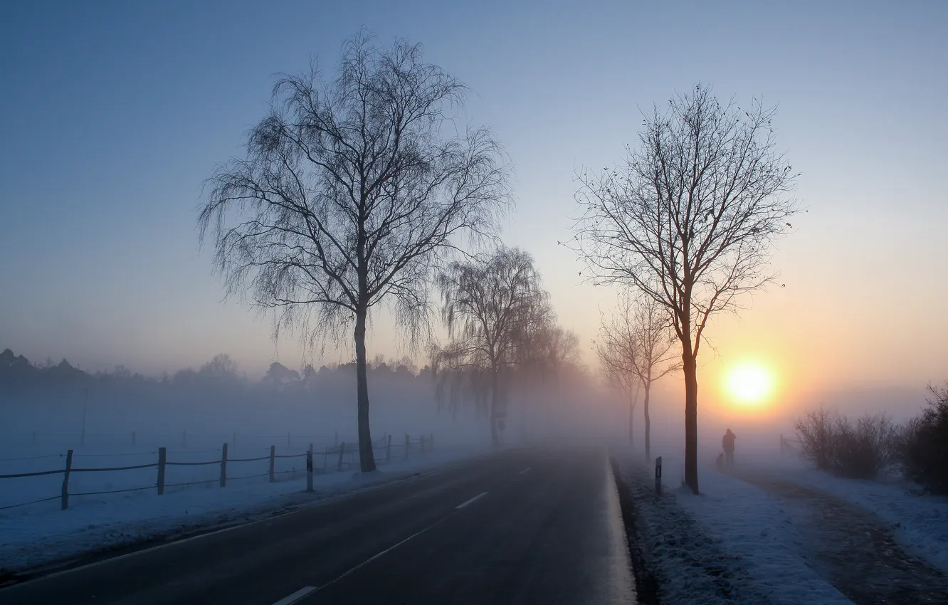 Photo wallpaper road, fog, morning