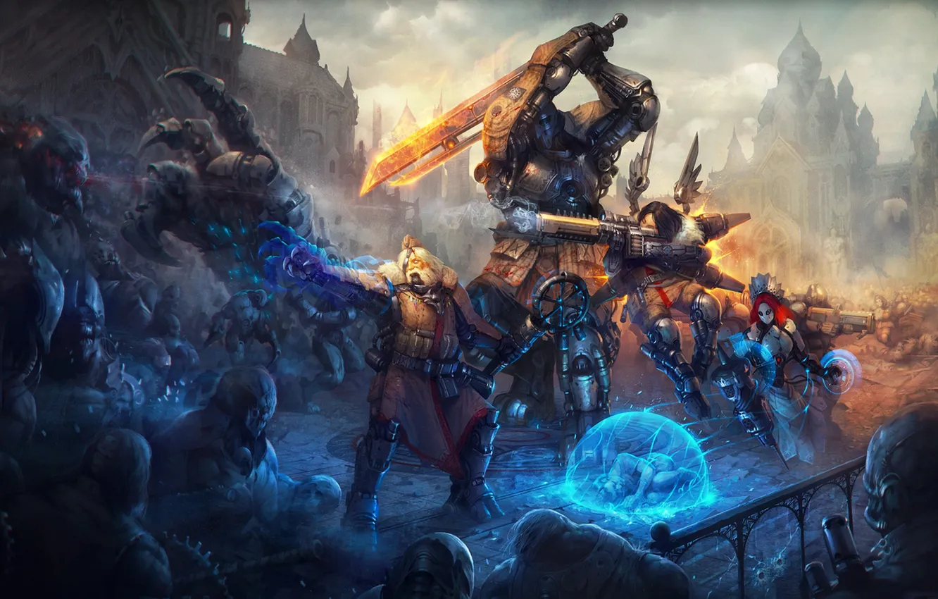 Photo wallpaper weapons, monster, shot, warrior, the ruins, battle, cyborg