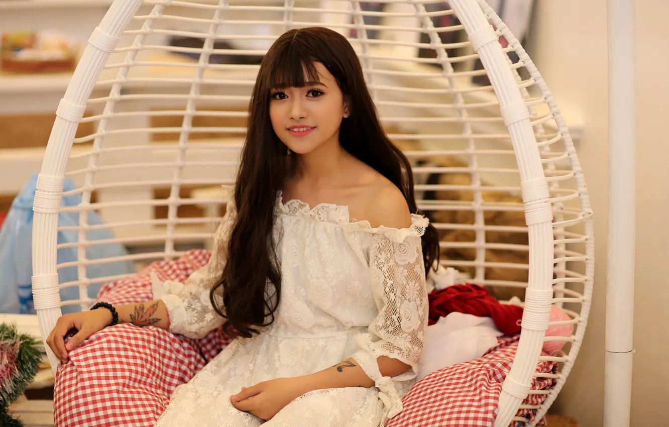 Photo wallpaper smile, white dress, beautiful girl, smile, charm, beautiful girl, white dress, charm