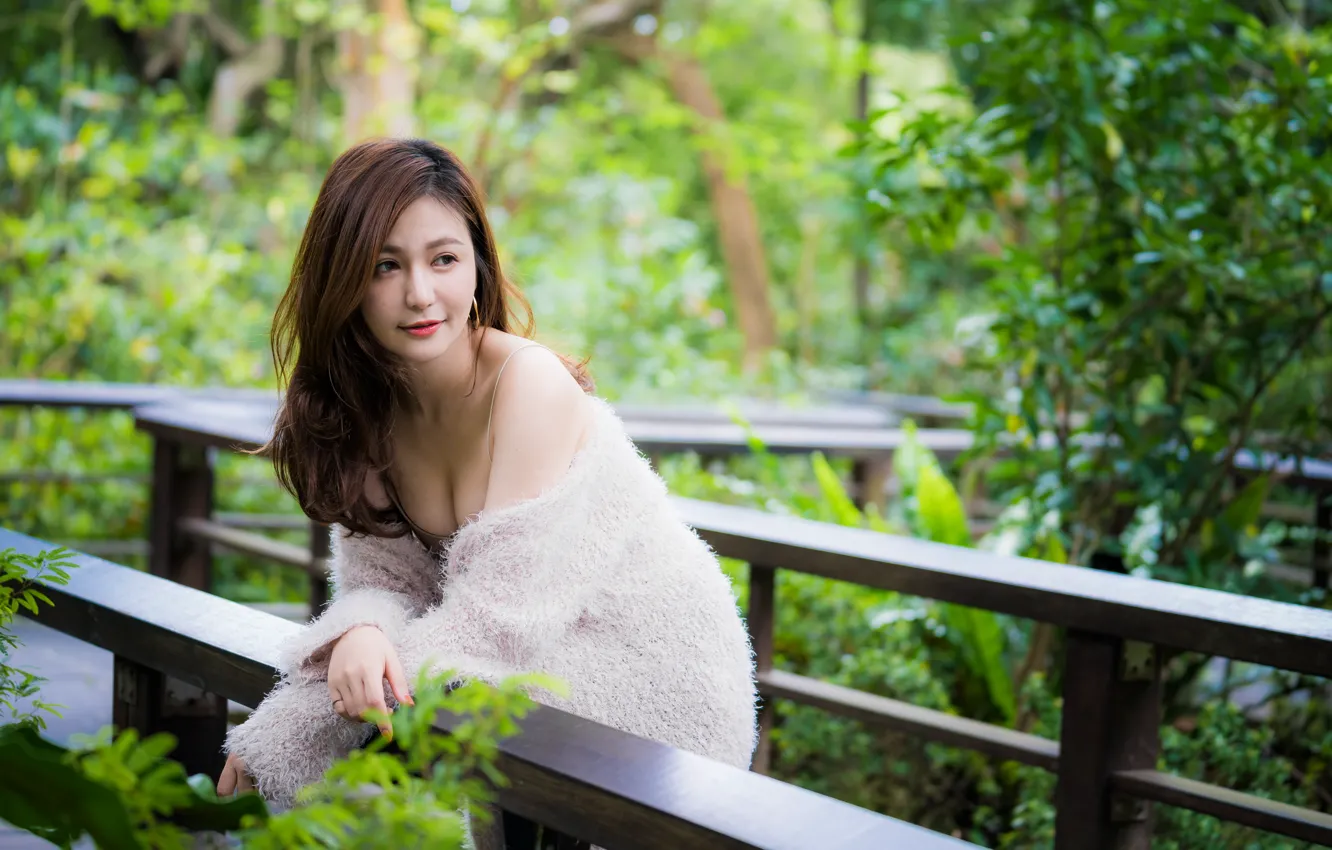 Photo wallpaper girl, pose, Asian, cutie, bokeh