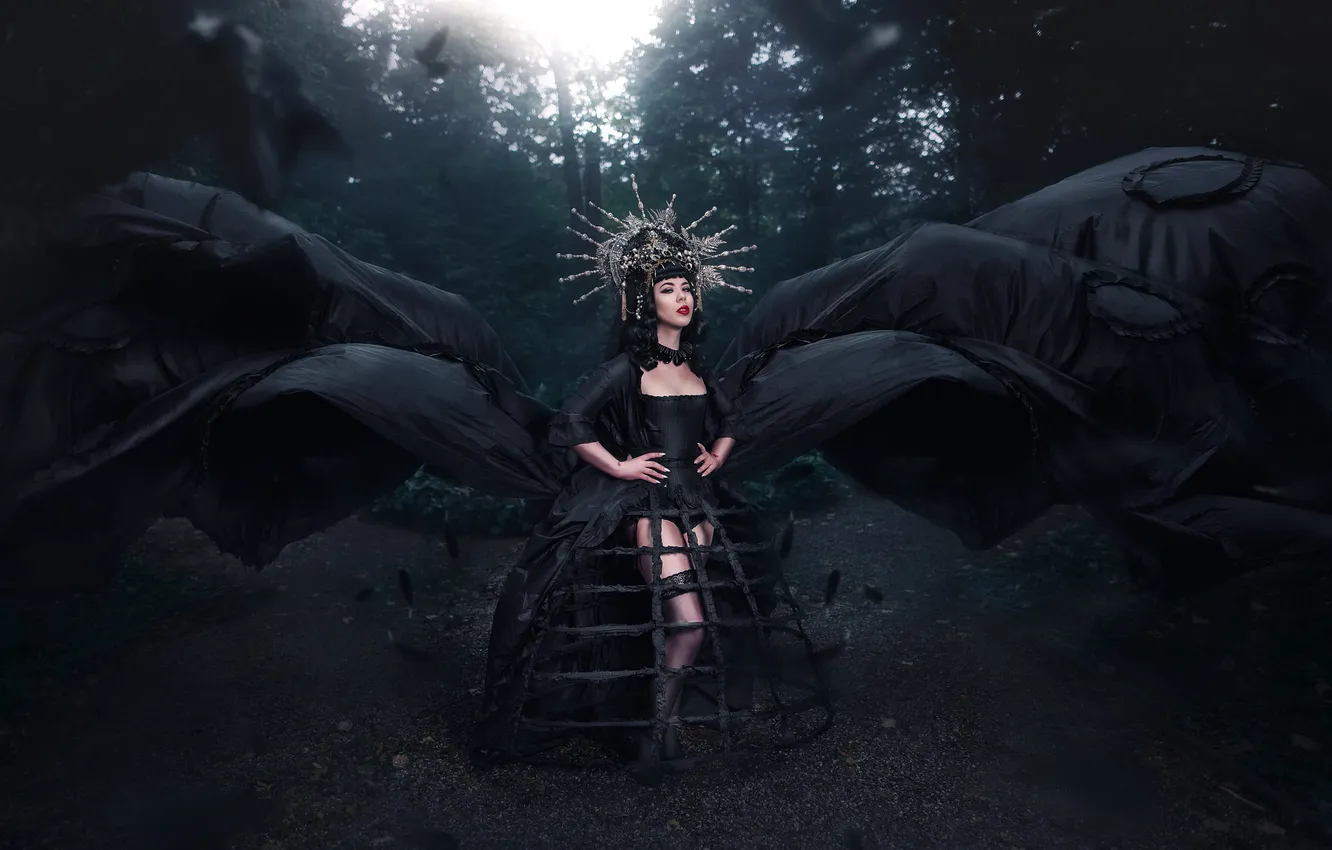 Photo wallpaper girl, style, the dark background, crown, makeup, brunette, black dress, Princess