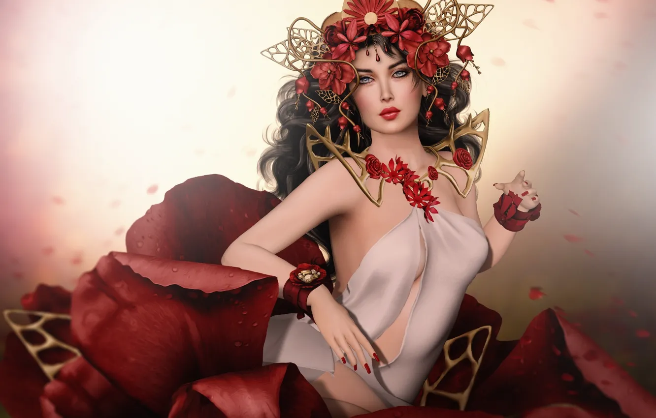 Photo wallpaper girl, decoration, flowers, petals