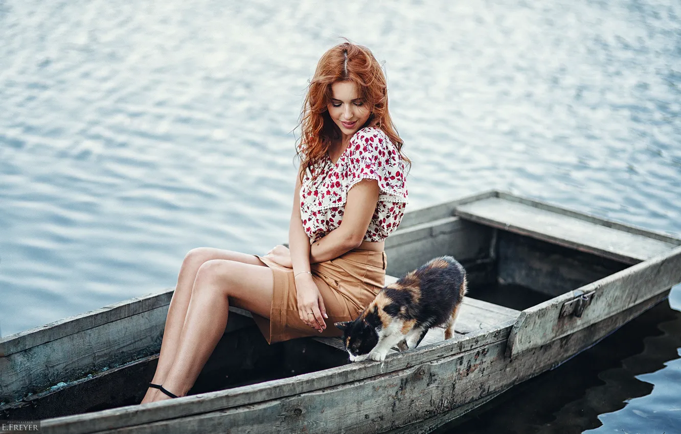 Photo wallpaper cat, water, girl, pose, river, model, skirt, portrait