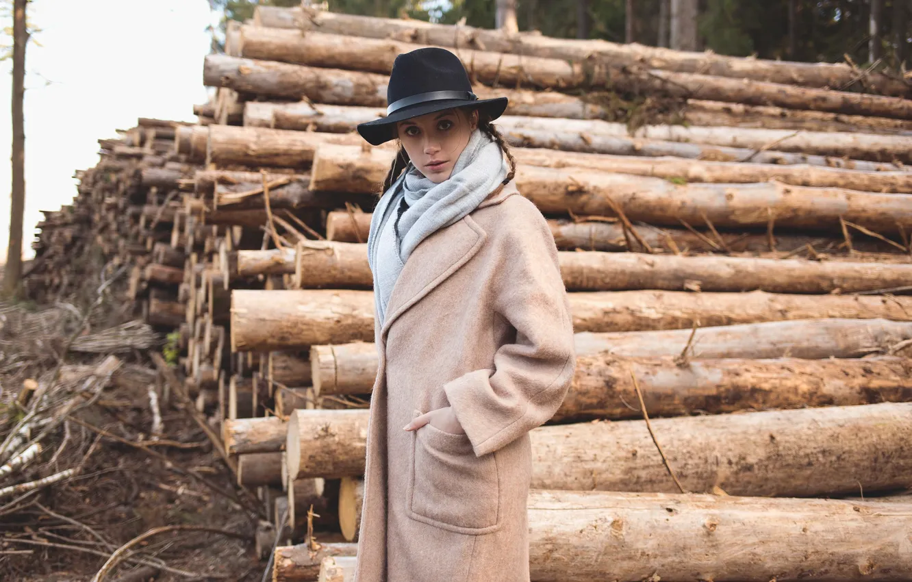 Photo wallpaper look, girl, hat, coat, logs, Kseniya Kokoreva, Igor Eden
