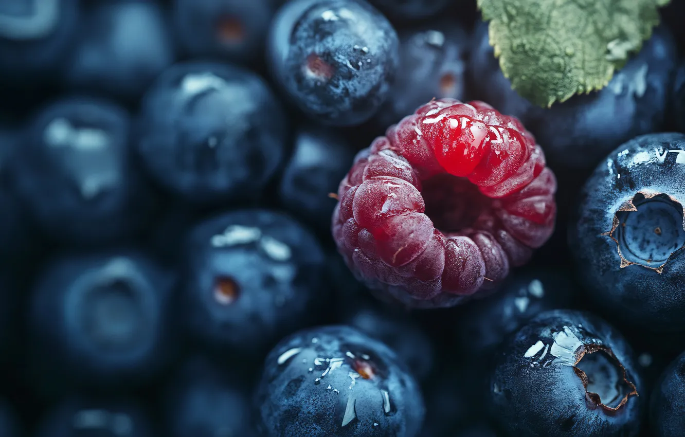 Photo wallpaper drops, macro, berries, raspberry, leaf, harvest, blueberries, a lot