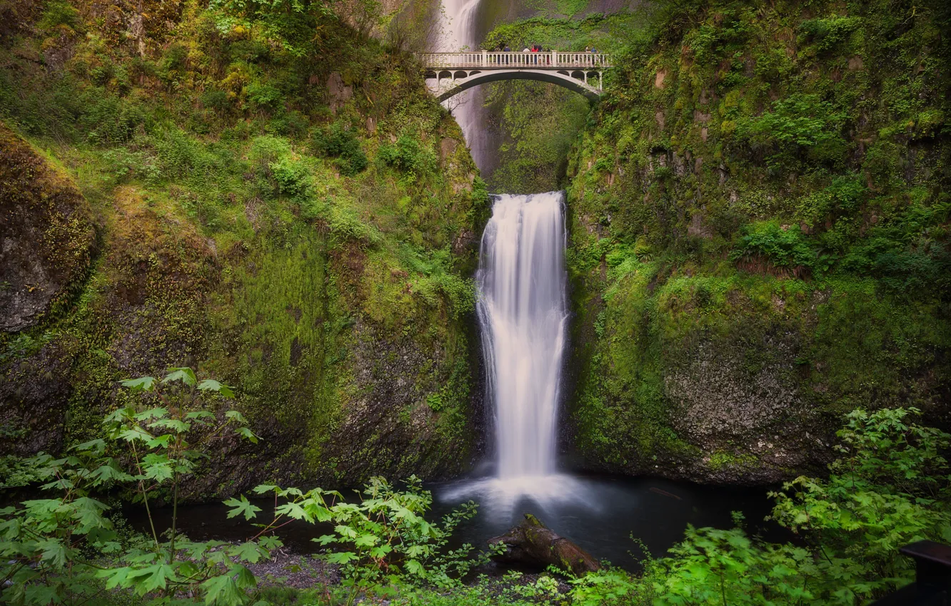 Photo wallpaper bridge, waterfall, Oregon, Oregon, Columbia River Gorge, the Multnomah falls, Benson Bridge, bridge Benson