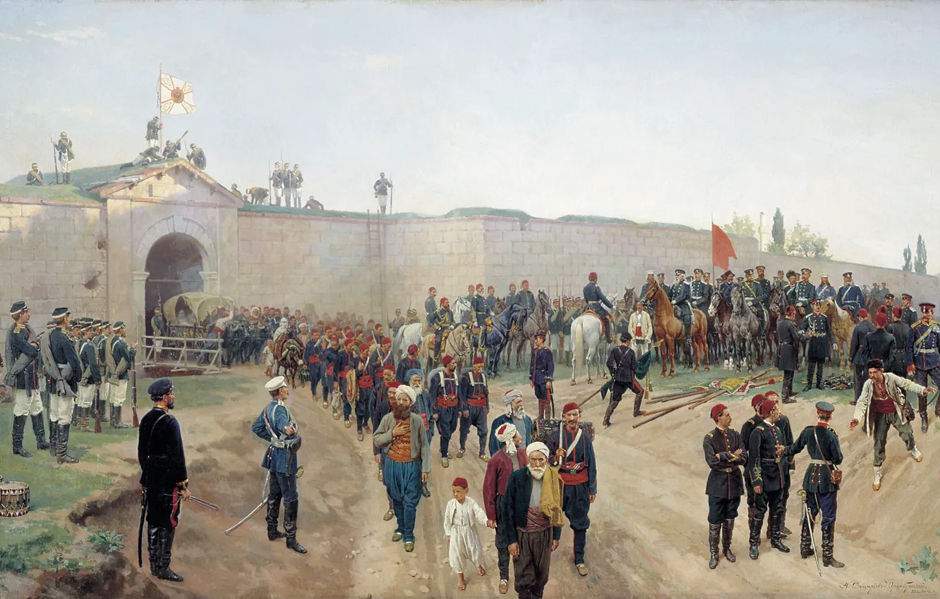 Photo wallpaper fortress, Canvas, Nikolai DMITRIEV-ORENBURG, prisoners, The surrender of the fortress Nikopol July 4, 1877. 1883