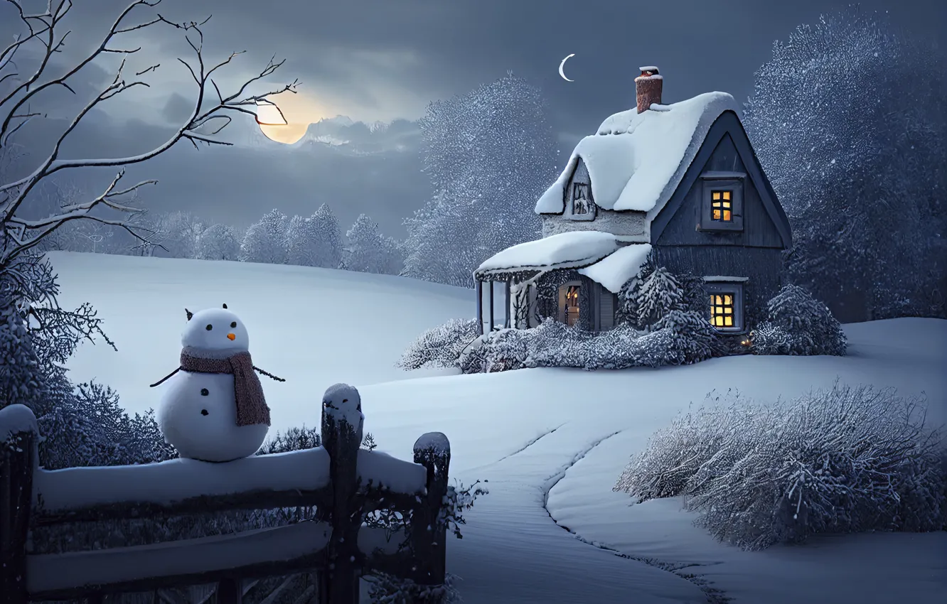 Photo wallpaper winter, snow, new year, hut, home, Christmas, house, snowman