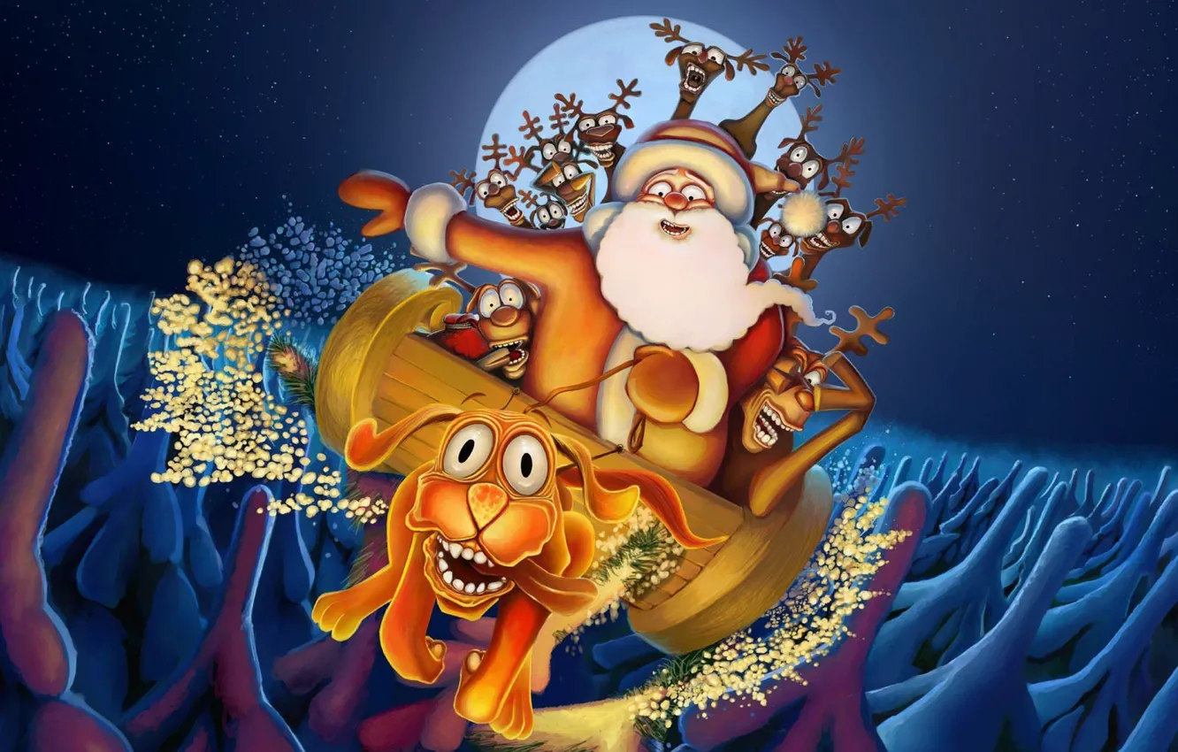 Photo wallpaper new year, Christmas, deer, Santa Claus