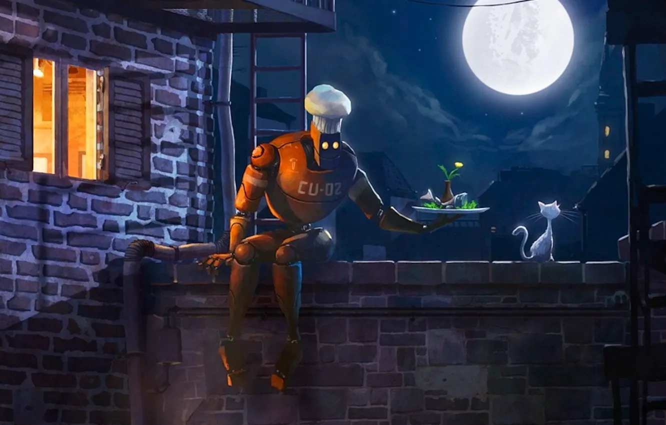 Photo wallpaper light, night, the moon, robot, Koshak, cook