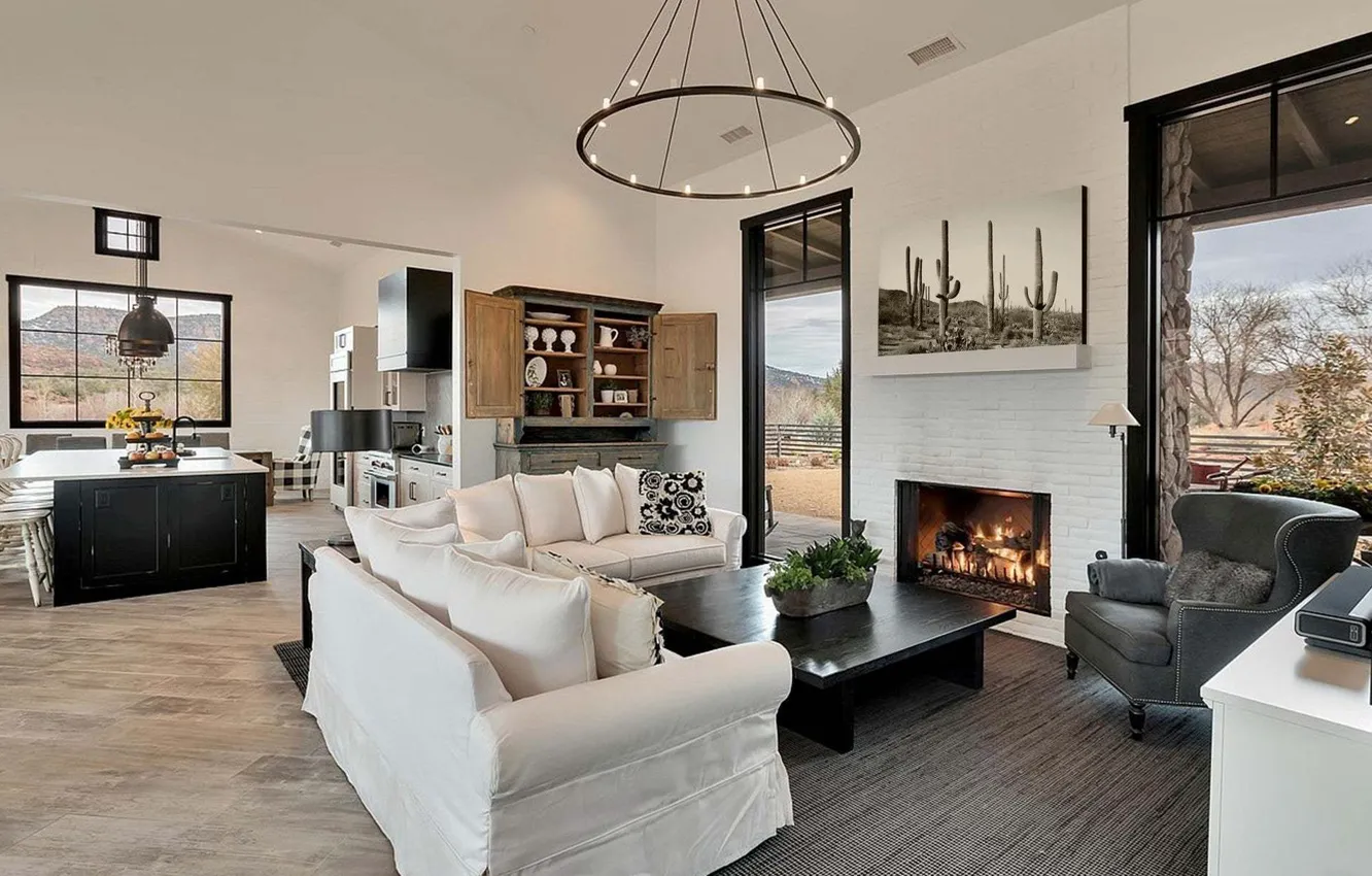 Photo wallpaper design, style, interior, kitchen, fireplace, USA, living room, dining room