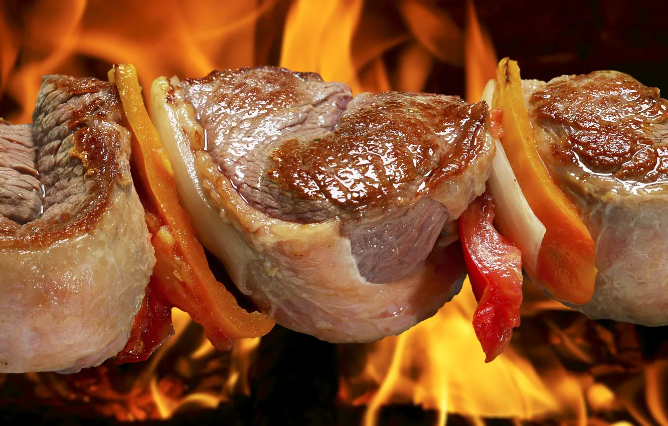 Photo wallpaper macro, lights, flame, meat, BBQ, kebab, cooking, roasting
