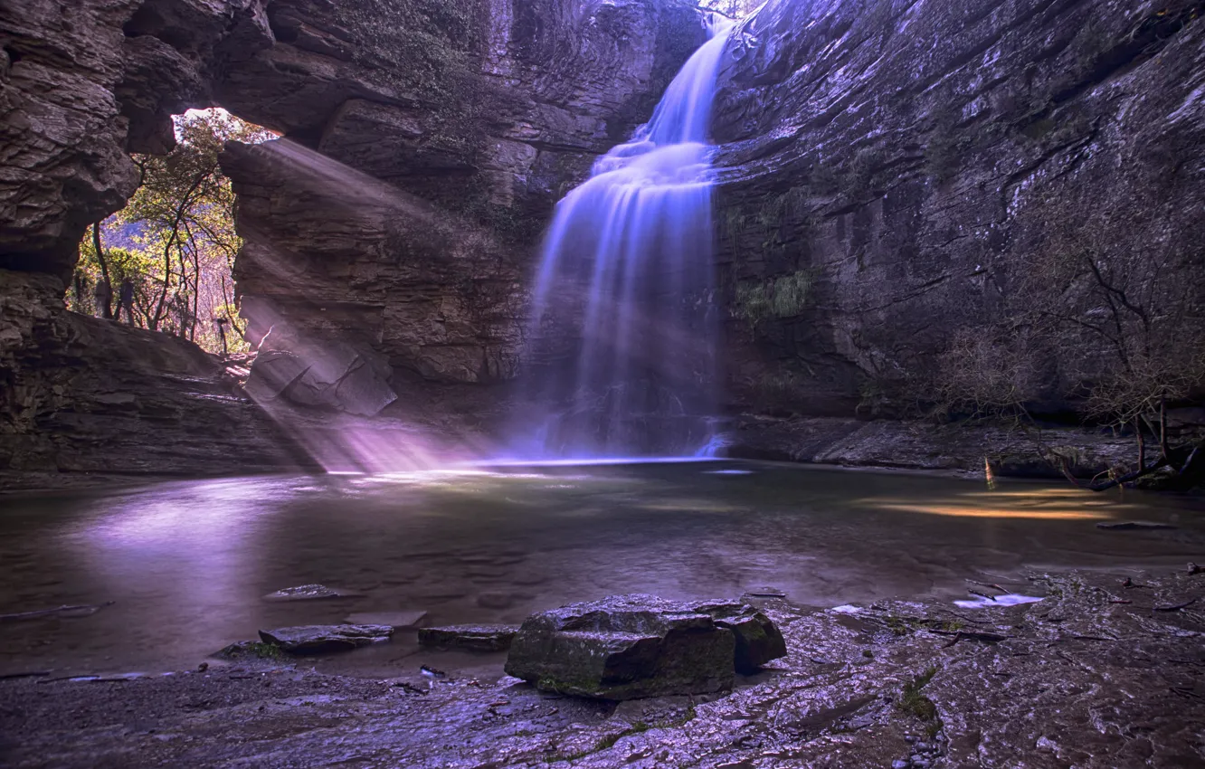 Photo wallpaper rocks, waterfall, stream, cave