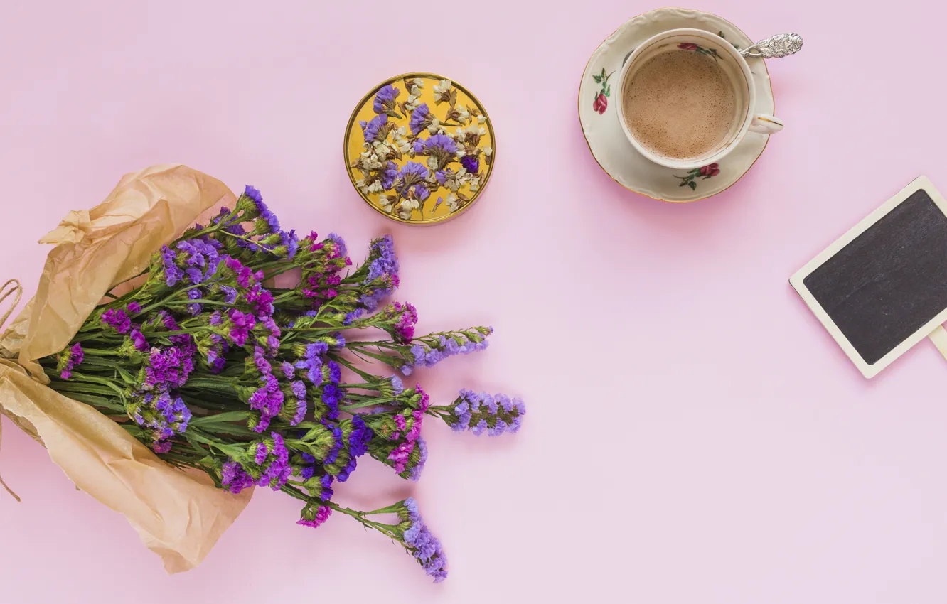 Photo wallpaper purple, flowers, bouquet, flowers, beautiful, romantic, coffee cup, purple