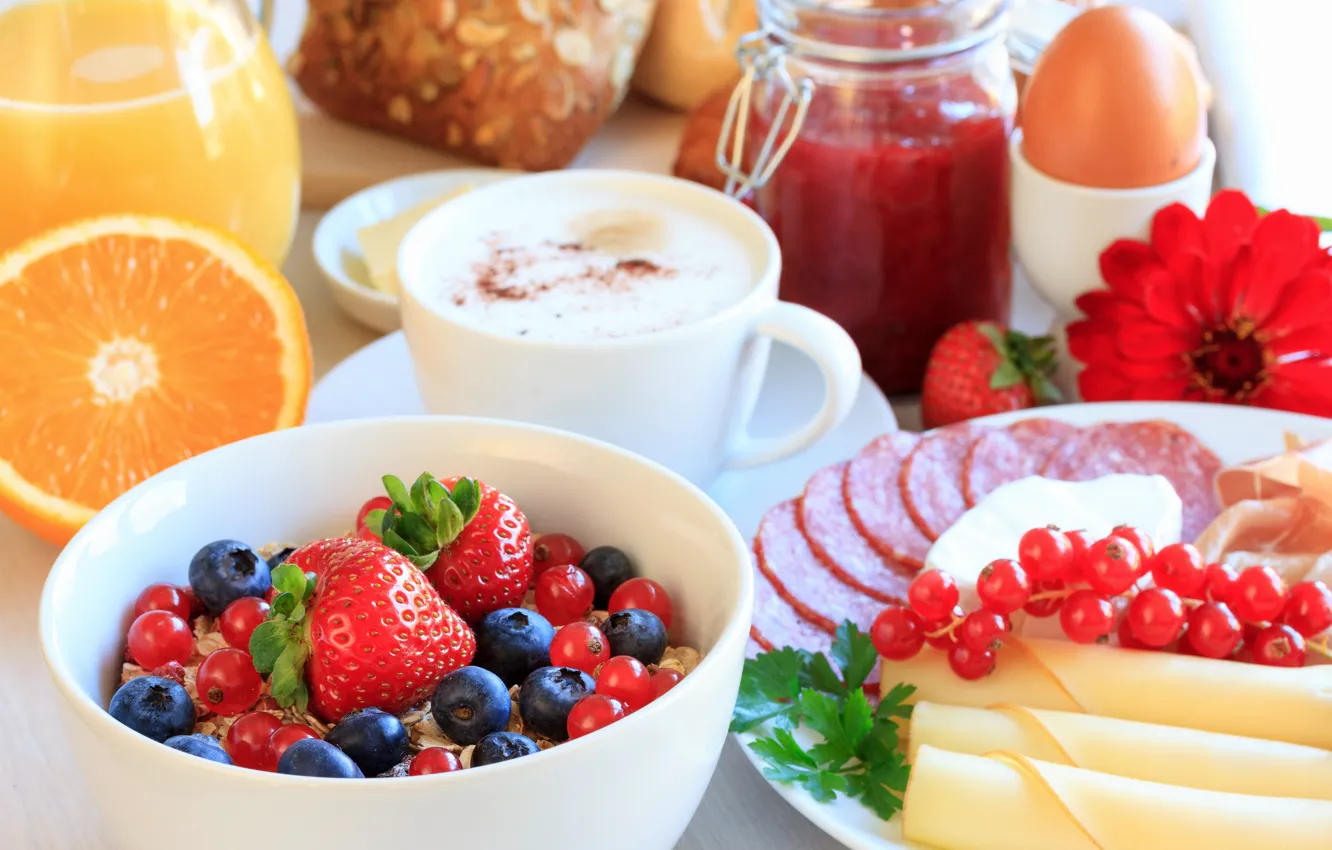 Photo wallpaper berries, Breakfast, cereal, cuts, meats