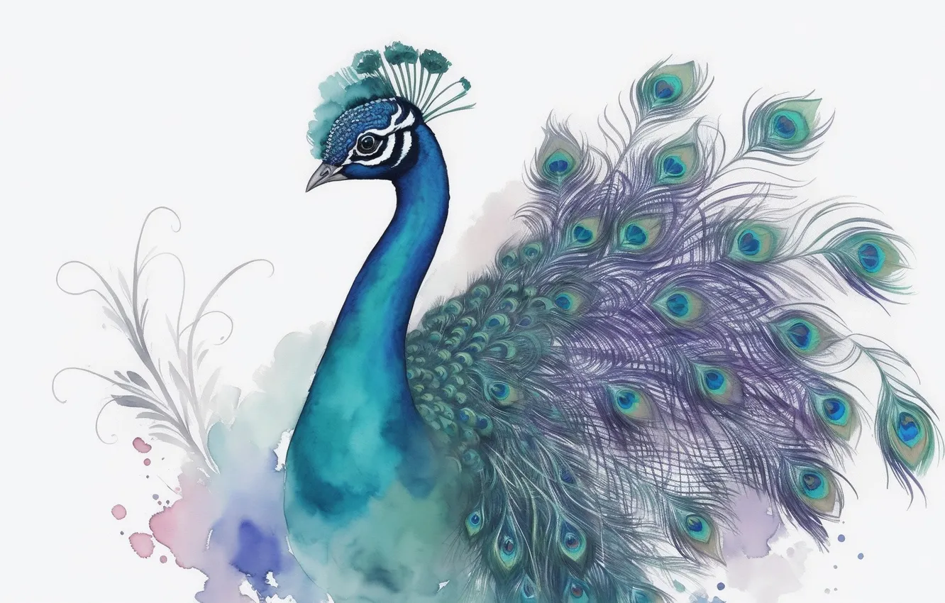 Photo wallpaper bird, figure, beauty, watercolor, peacock, bird, birds, beauty