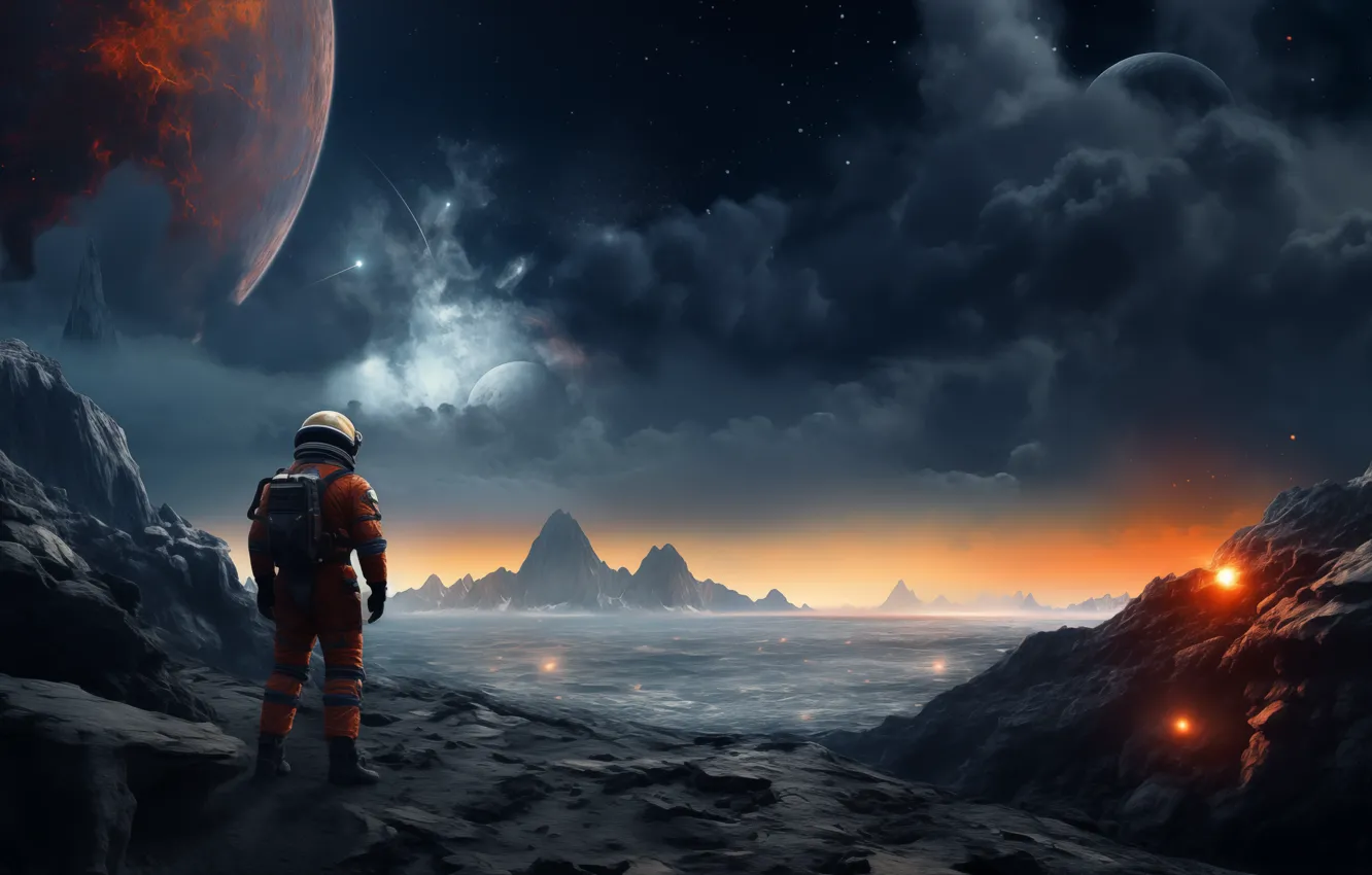 Photo wallpaper landscape, science fiction, clouds, planet, astronaut, AI art
