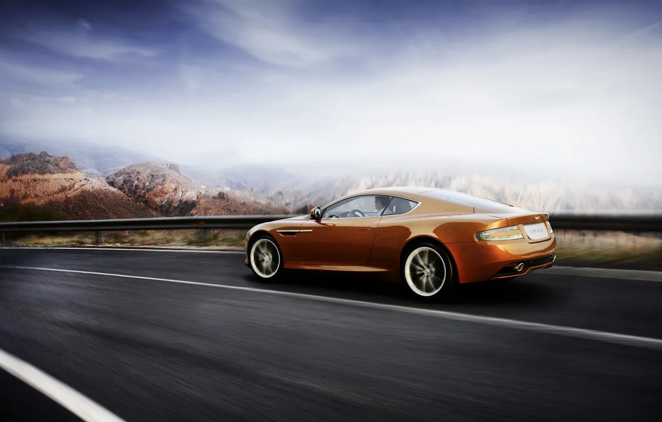 Photo wallpaper road, the sky, clouds, mountains, nature, Aston Martin, speed, blur
