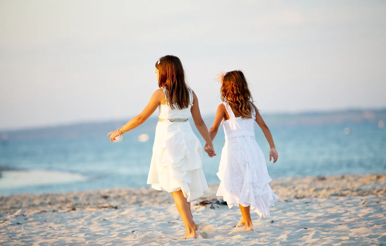 Photo wallpaper sand, beach, summer, children, shore, two, dress, girl
