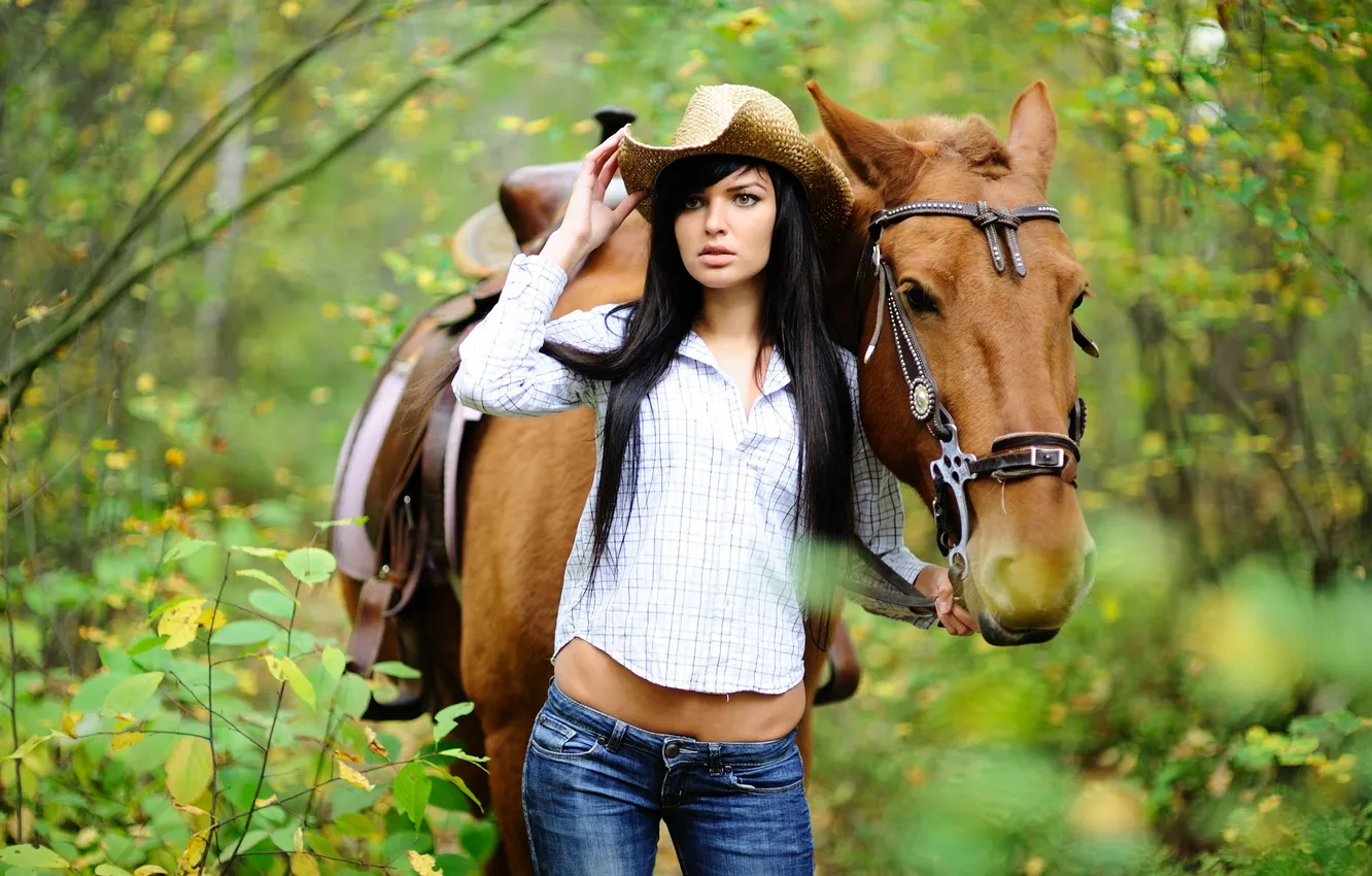 Photo wallpaper forest, girl, horse