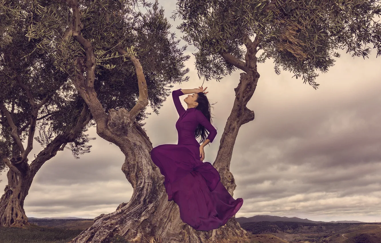 Photo wallpaper girl, trees, nature, pose, dress