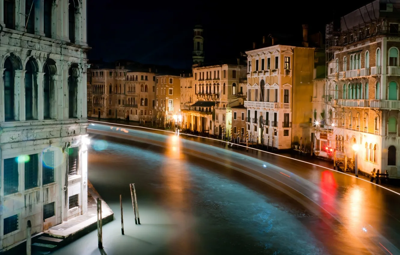 Photo wallpaper night, the city, lights, river, colors, Italy, Venice, light