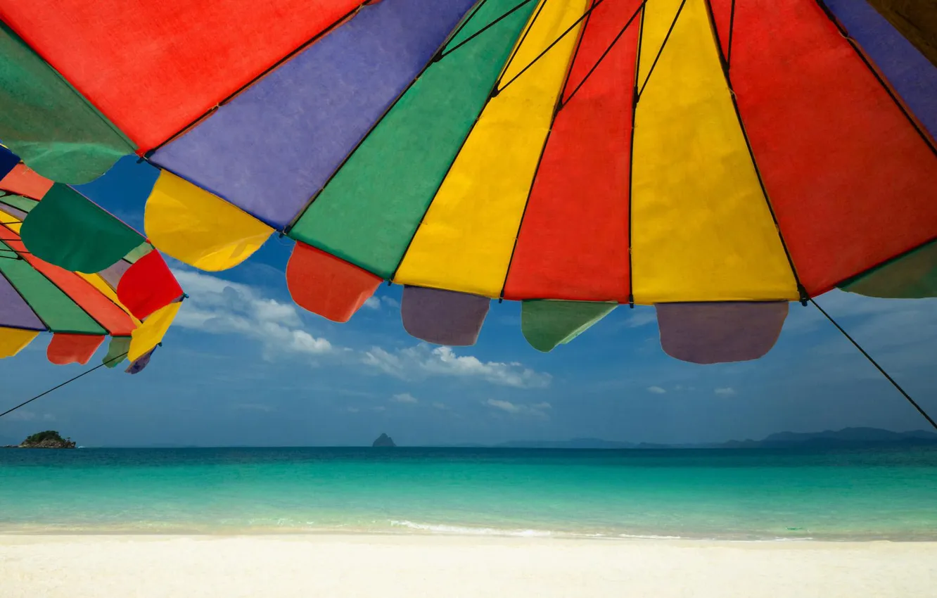 Photo wallpaper sea, beach, summer, the sky, the sun, light, nature, umbrella